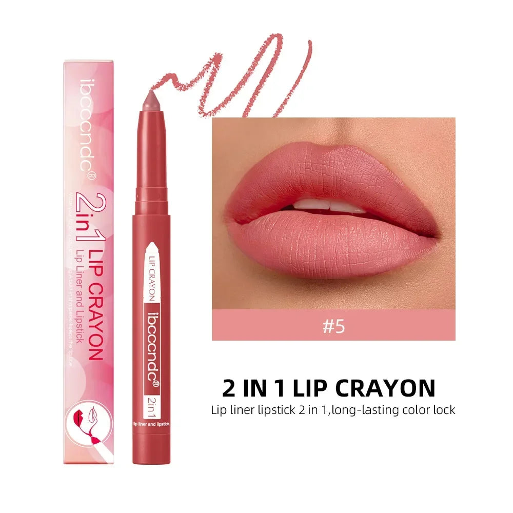 2-in-1 Lip Liner Waterproof Long Lasting Matte Lipstick Pencil Nude Pink Lips Outline Makeup Crayon Stick Lip Tint Line Cosmetic HIP 05