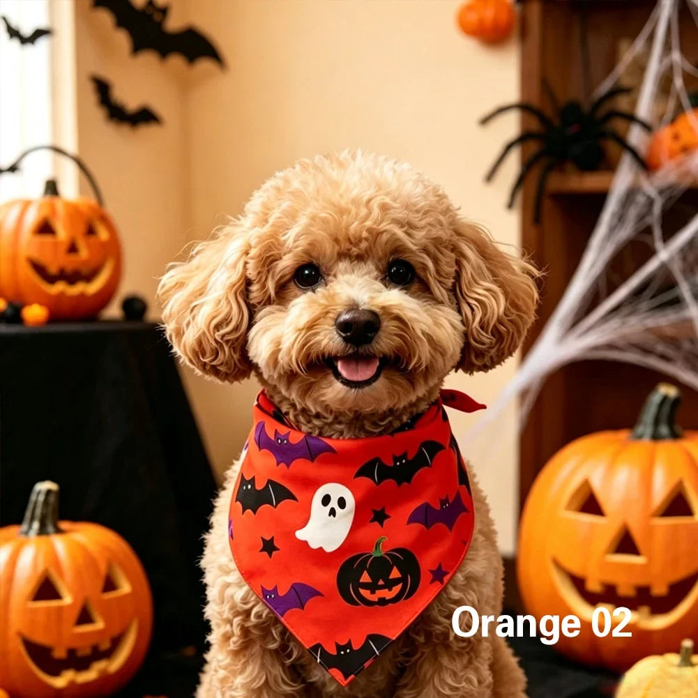 Dog Cat Pet Triangle Scarf Skeleton Orange Dog Scarf Cute Halloween Pumpkin Ghost Dog Scarf Pet Halloween Costume Accessories HIP Orange 02