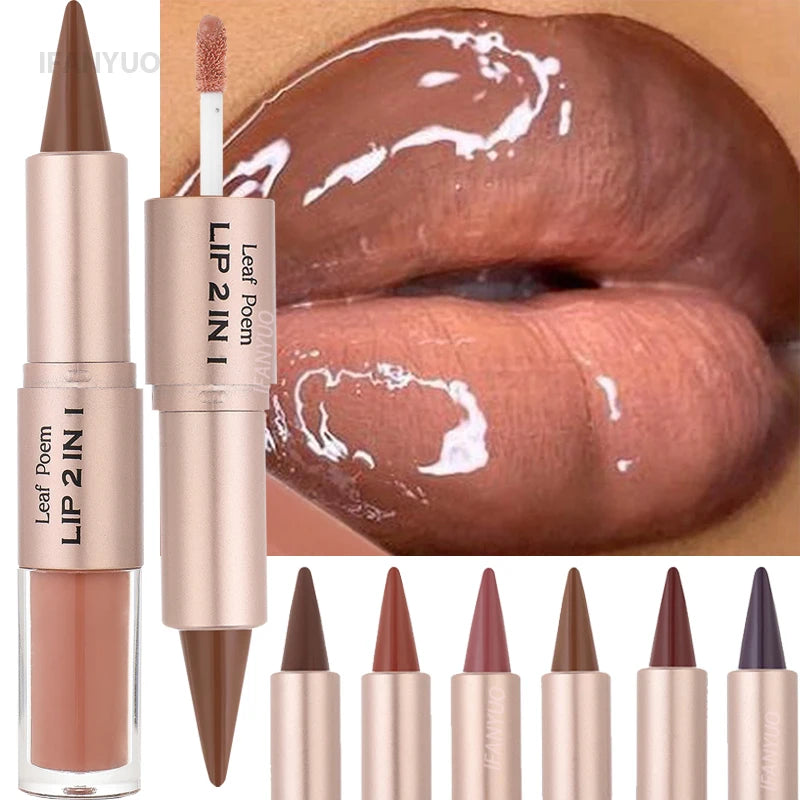 2IN1 Tapered Gradient Lipliner Pen Nude Brown Mirror Glass Lip Gloss Matte Lip Liner Waterproof Lip Contour Non Stick Makeup HIP