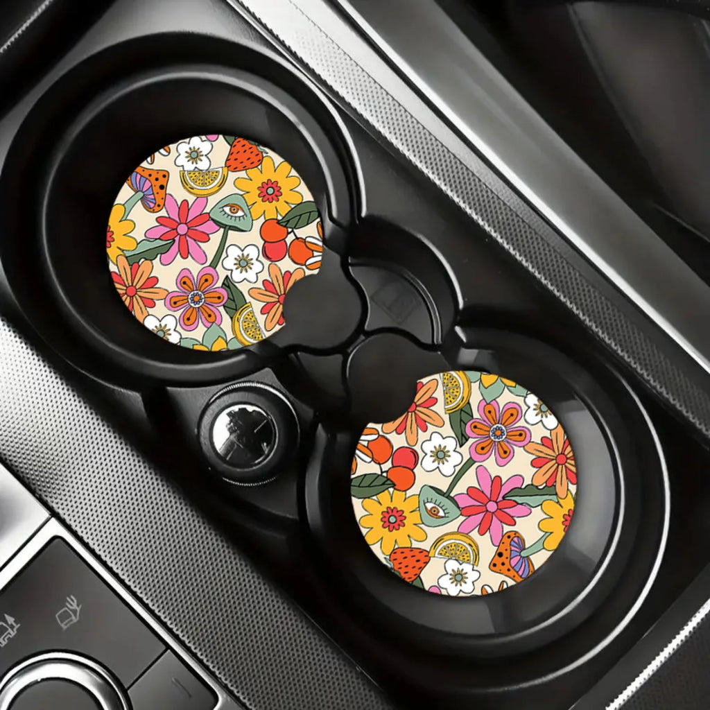 Floral Car Coasters Set of 2 – Absorbent EVA Cup Holder Liners Car Cup Holder Liner HIP