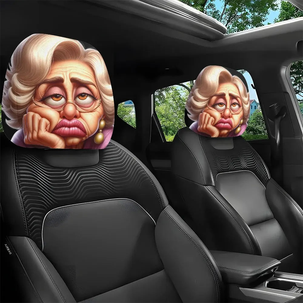2-Pack Cartoon Granny Car Headrest Covers – Universal Fit Car Headrest Cover HIP