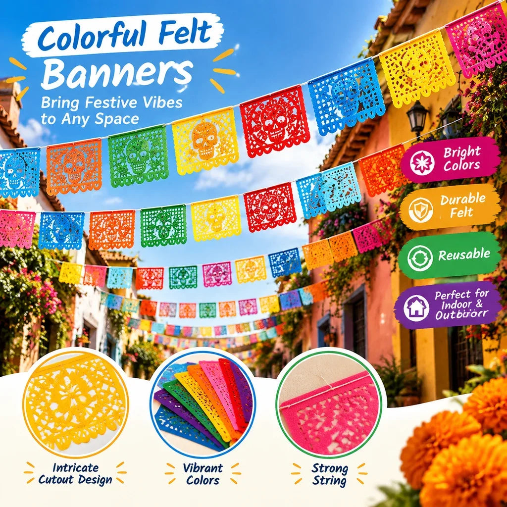 Reusable Day of the Dead Decor Banner Creative Colorful Skull Marigold Style Felt Banners Party Festival Garland Banner Ornament HIP