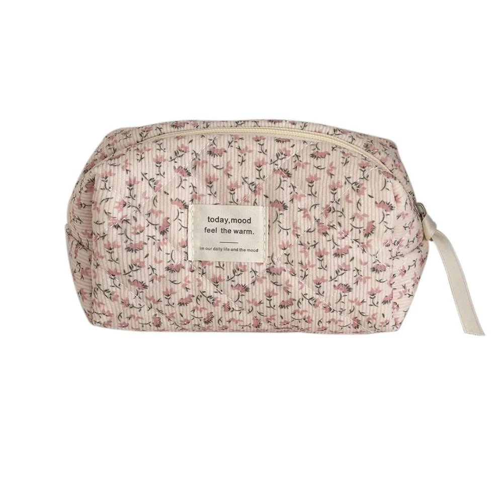 Corduroy Floral Makeup Bag – Large Capacity Cosmetic Pouch Cosmetic Makeup Bag HIP Pink Octagonal Bag