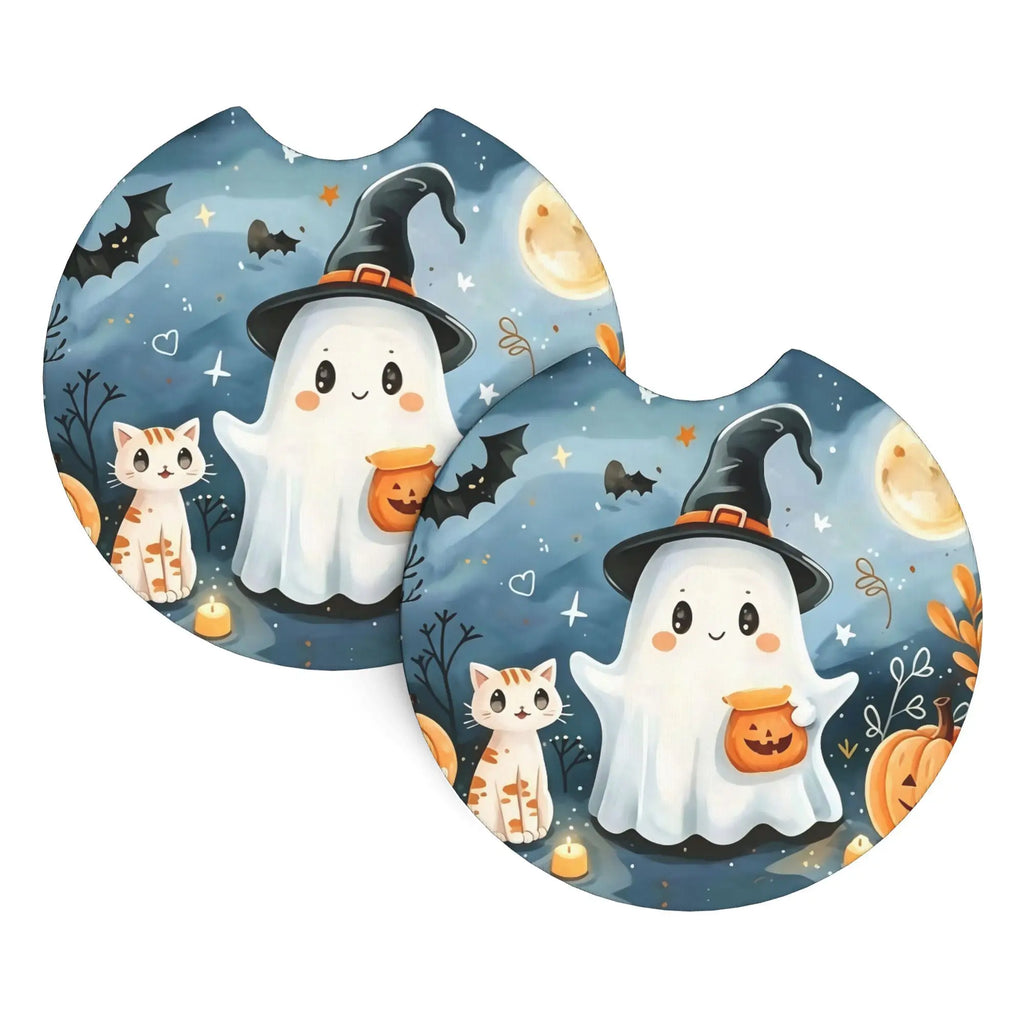 2pcs Halloween Car Cup Holder Coasters – Cat, Ghost & Pumpkin Car Cup Coasters HIP 1 Cork ceramics