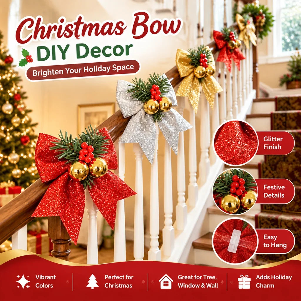 Christmas Bow DIY Decor Gold Red Glitter For Xmas Tree Classroom Window Wall Decoration Supplies HIP