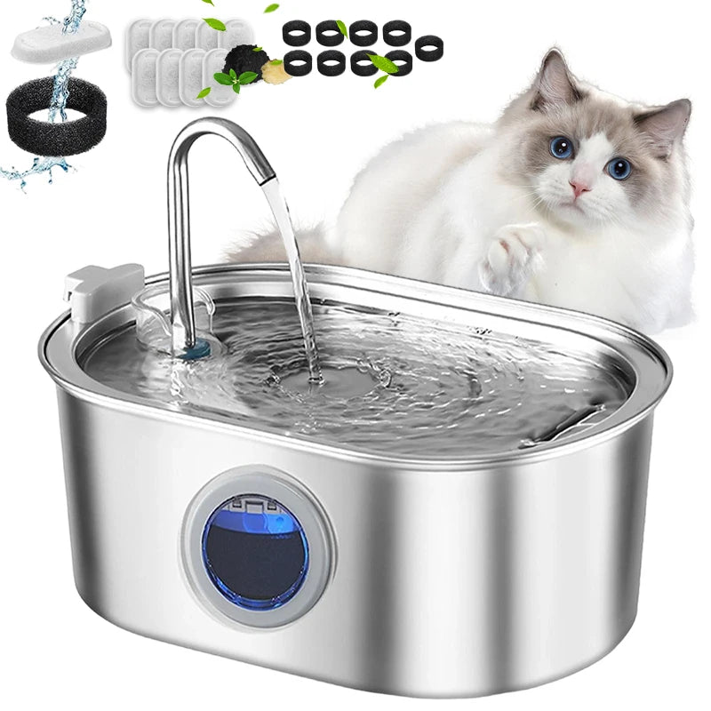 Stainless Steel Cat Water Fountain 3.2L/108oz, Ultra Quiet Pet Water Dispenser Dog Fountain with 9 Replacement Filters HIP