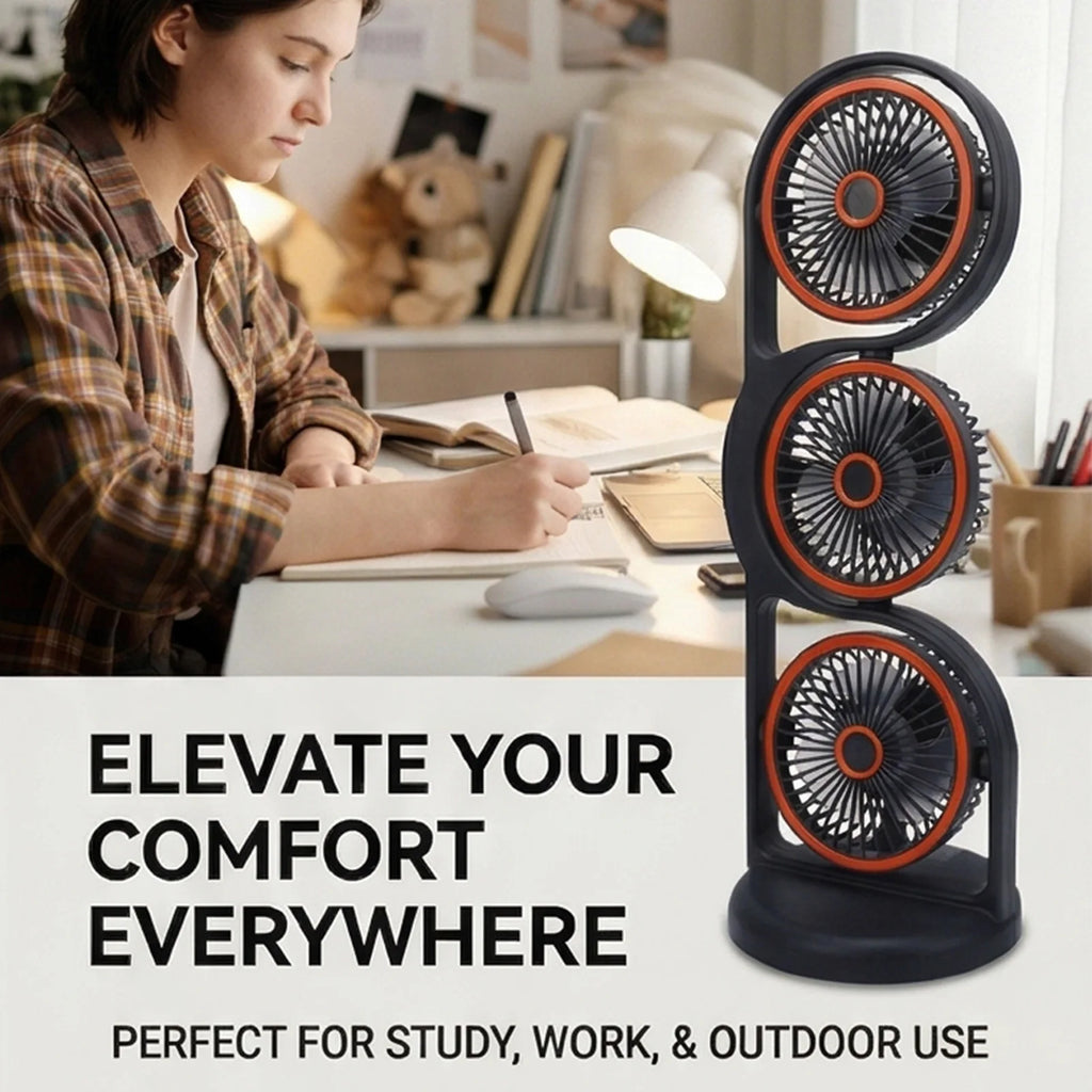 3 Head Fan Desk Fan Desk Fan USB Rechargeable Portable 3 Head Fan with Multiple Speed Settings Light for Study Work Outdoor HIP