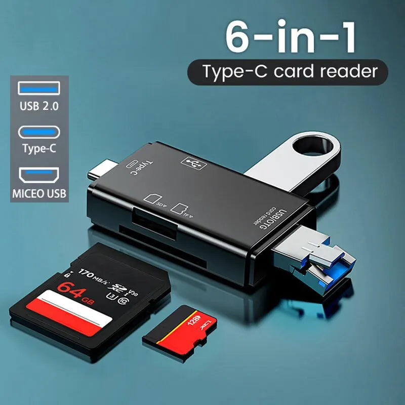 6-in-1 OTG Type-C USB 2.0 Micro SD & TF Card Reader Adapter Memory Card Reader HIP