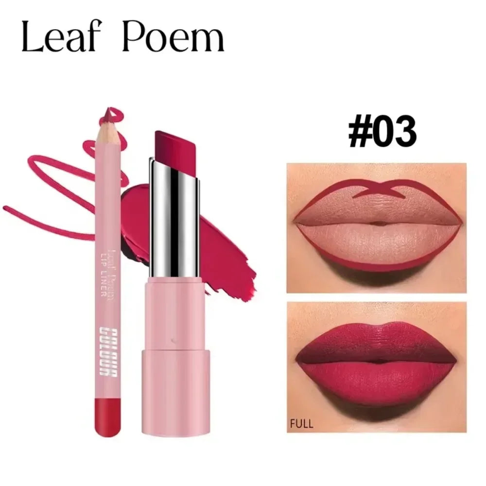 QIBEST Lipliner Pencil Lipstick Set Matte Nude Red Contour Tint Lipstick Long Lasting Non-stick Cup Lipliner Makeup Lip Stain HIP 03