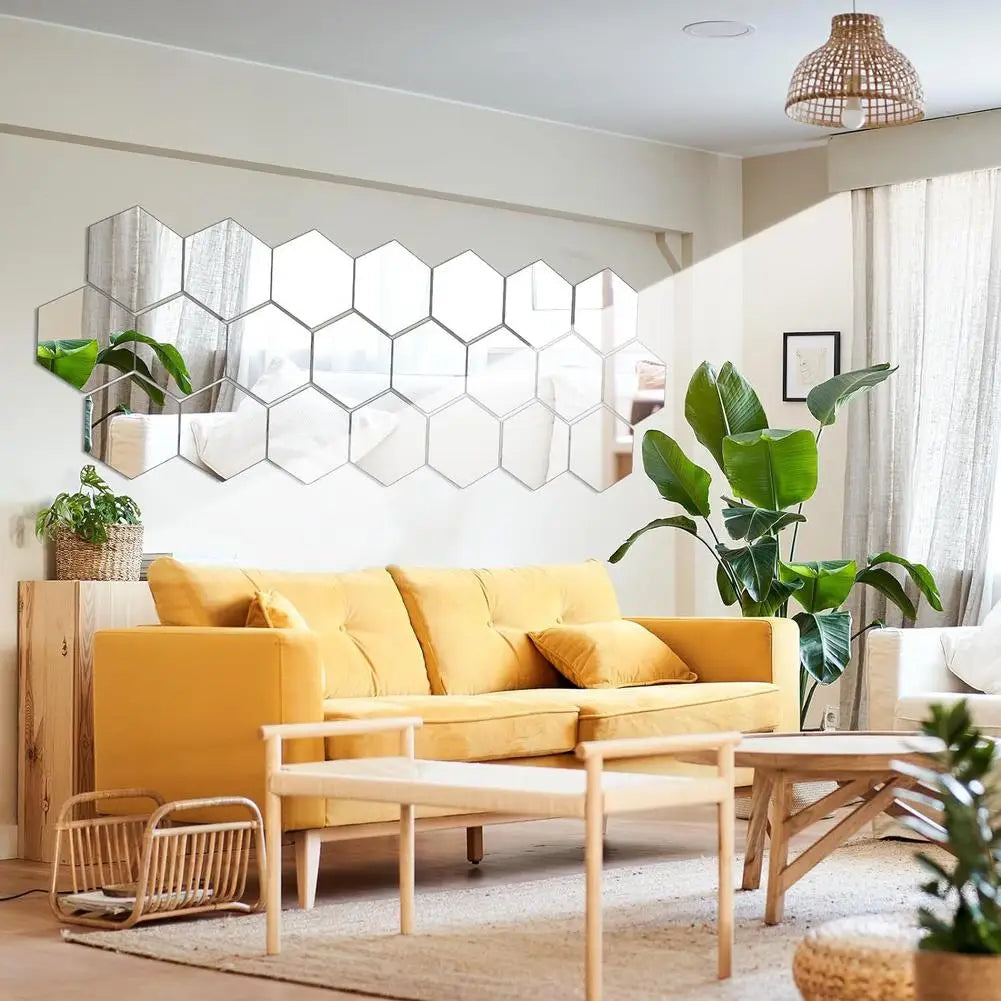 12Pcs Acrylic Hexagonal Mirror Wall Stickers 3D DIY Self-adhesive Decorative Wall Stickers Mirror Art Wall Decor Home Decoration HIP