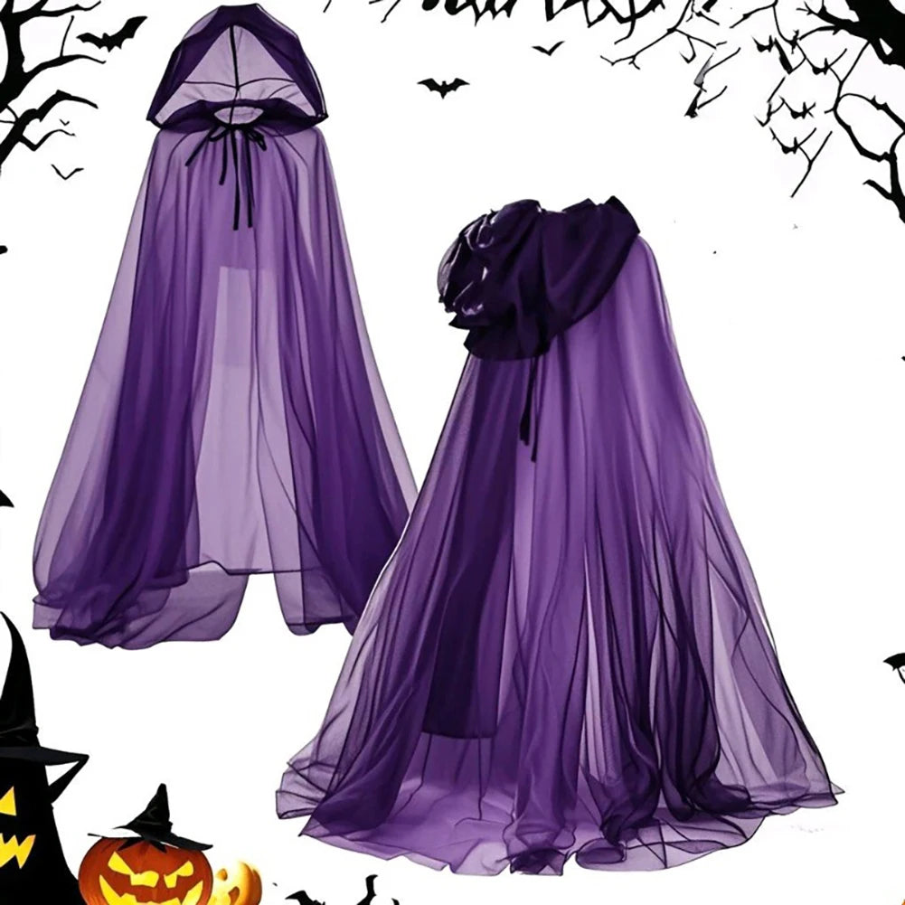 1Pc Halloween Grim Reaper Cloak with Hood Gothic Victorian Witch Costume Long Cape Sheer Mesh Elegant Gothic Party Cosplay Ghost HIP
