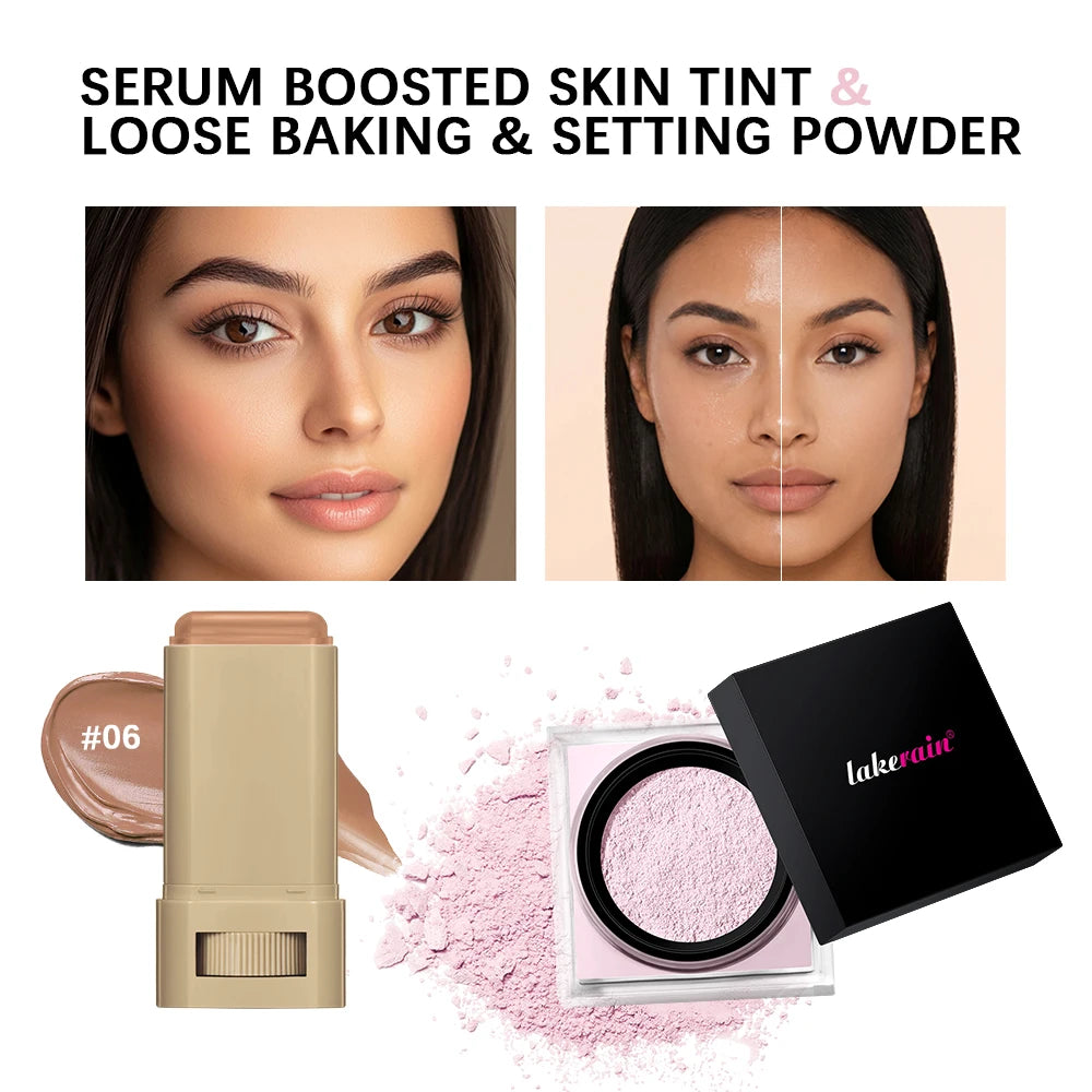 2pcs Foundation Tint Stick & Setting Powder Cosmetics Kit Coverage Even Skin Long Lasting Oil Control Matte Makeup Kit HIP set6