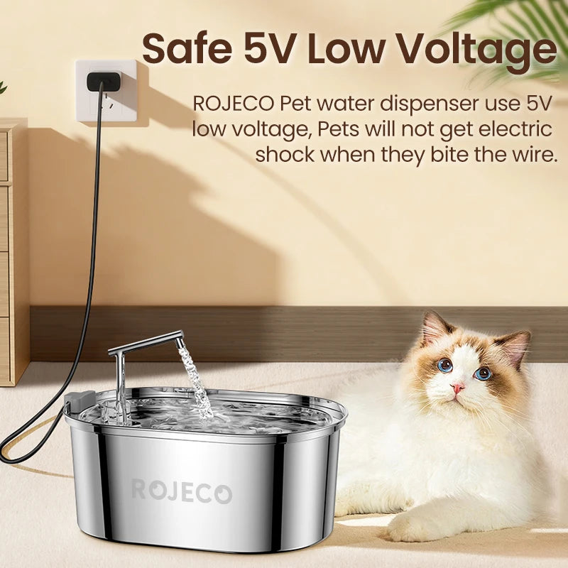 ROJECO 3.2L Stainless Steel Cat Water Fountain Filter For Dog Automatic Pet Drinker Dispenser Drinking Fountain For Cat Supplies HIP