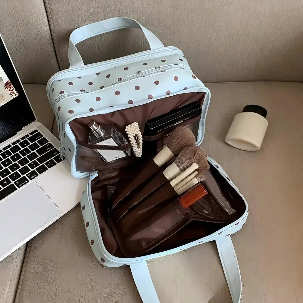 Makeup Bag Large Capacity Cute PU Polka Dot Waterproof Toilet Bags Portable Travel Multi Zone Cosmetic Storage Handbags HIP