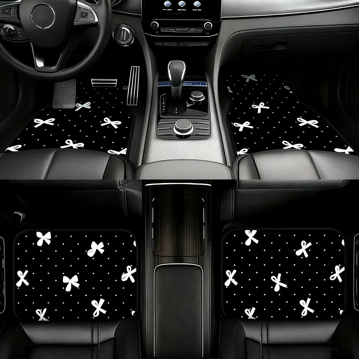 Set of 4 White Polka Dot Car Floor Mats with Bow | Non-Slip Car Floor Mats HIP