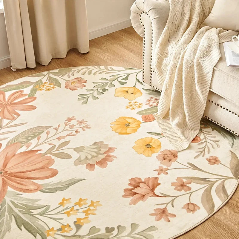 Round Non-Slip Machine Washable Floral Plush Area Rug Plush Area Rug HIP