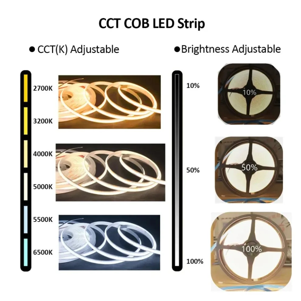FCOB CCT LED Strip 608 LEDs/m 10mm Dimmable 2700K–6000K RA90 COB LED Light Strip HIP