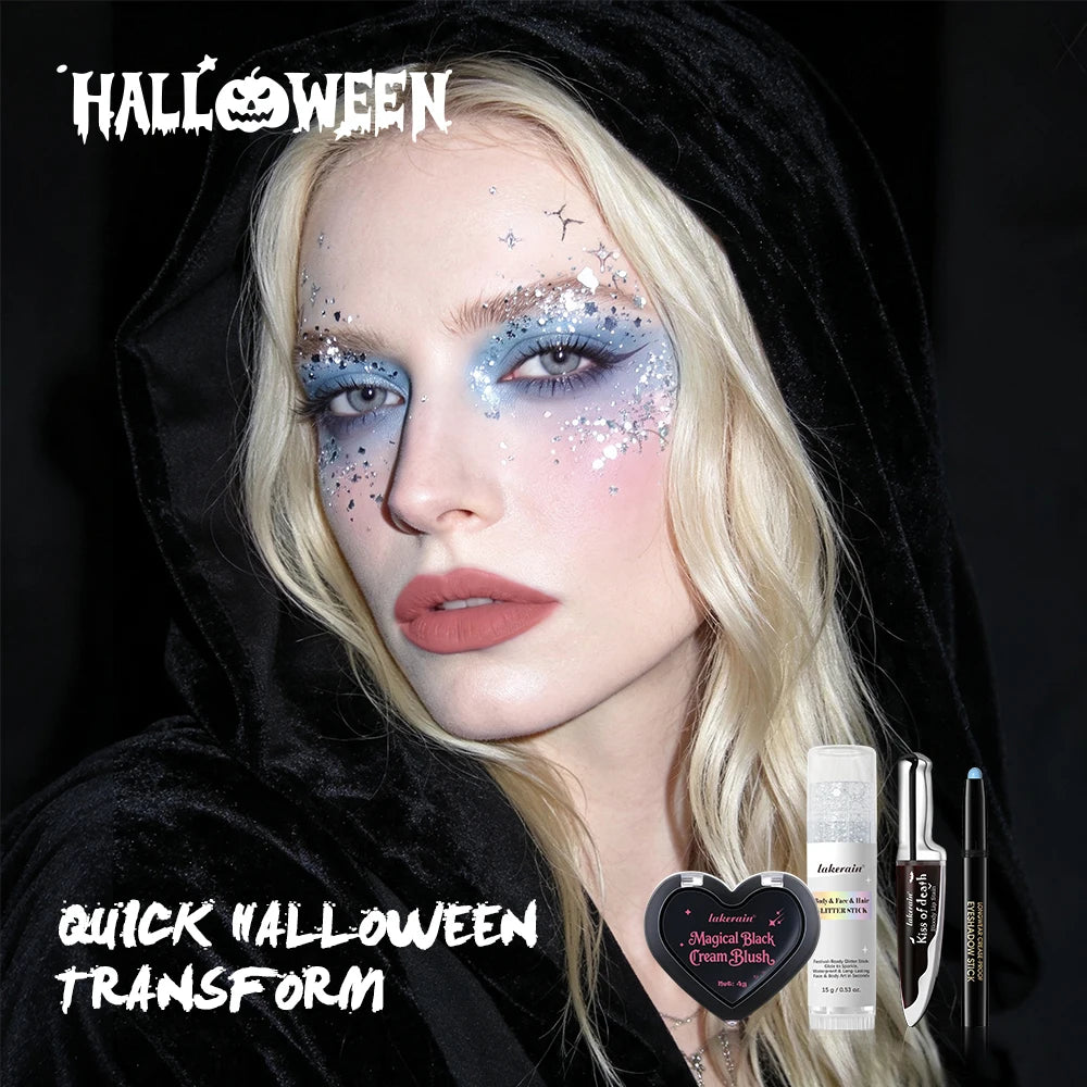 4pcs Halloween Gothic Makeup Set Lip Stain Dark Blush Blue Eyeshadow Stick Glitter Stick Eyeshadow Waterproof Cosplay Makeup HIP