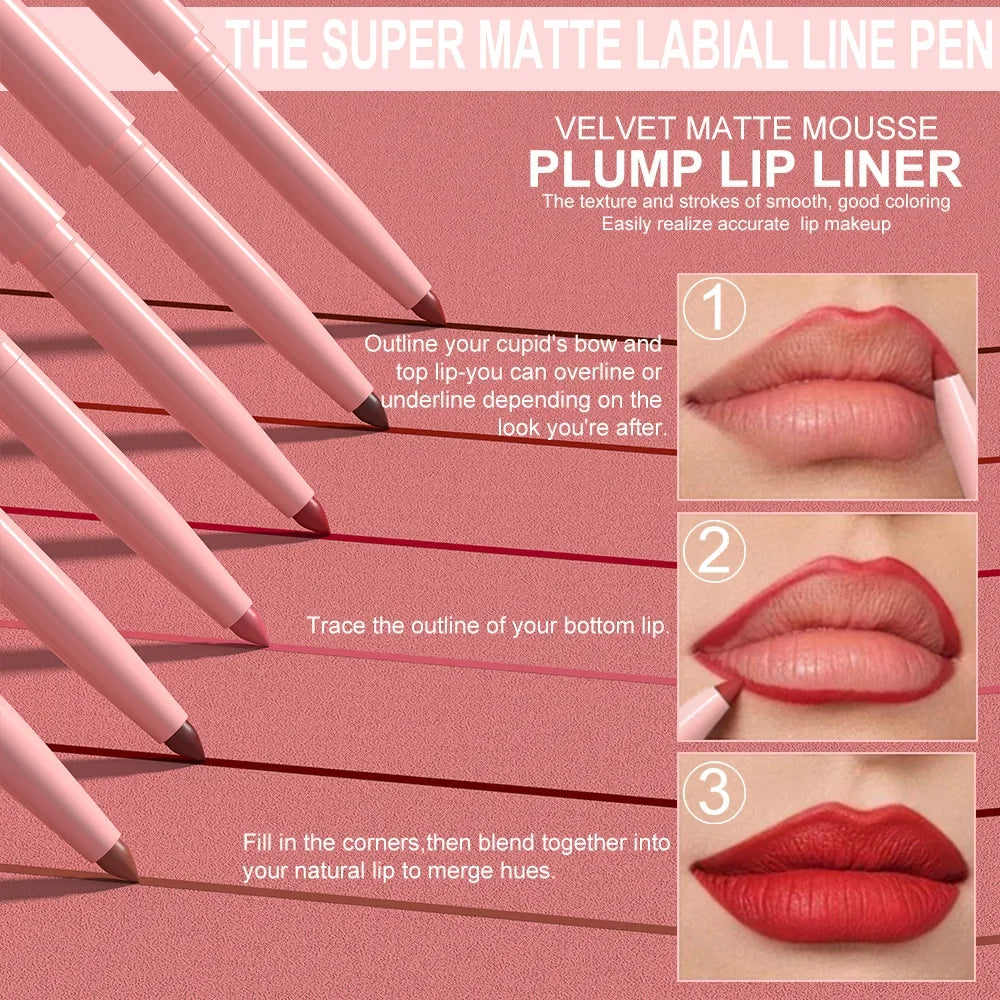 DUNUF 6-Pc Matte Lip Liner Set – Nude, Brown & Rose Red Lip Liner Set HIP