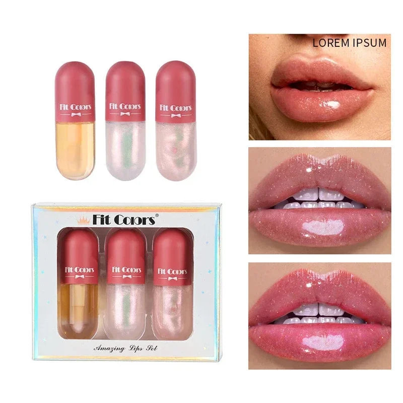 Crystal Jelly Lip Gloss Capsule Lip Plumper Oil Shiny Clear Lips Oil Moisturizing Women LipGloss Balm Makeup Lip Tint Cosmetics HIP Lip Oil 3Pcs Set