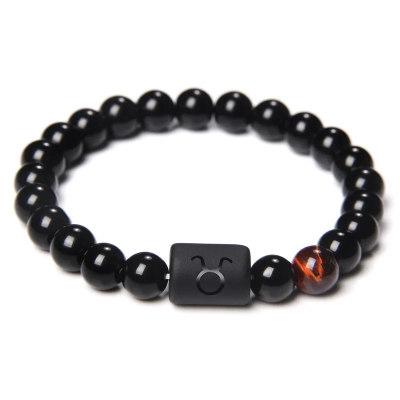 12 Constellation Zodiac Signs Beads Couples Bracelet Natural Black Onyx Stone Elastic Charm Bracelet for Women Men Birthday Gift HIP Taurus