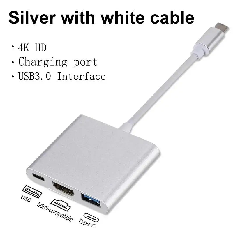 USB-C 3-in-1 Adapter – HDMI 4K, USB 3.0 & USB-C Charging USB-C Multiport Adapter HIP Silver-White