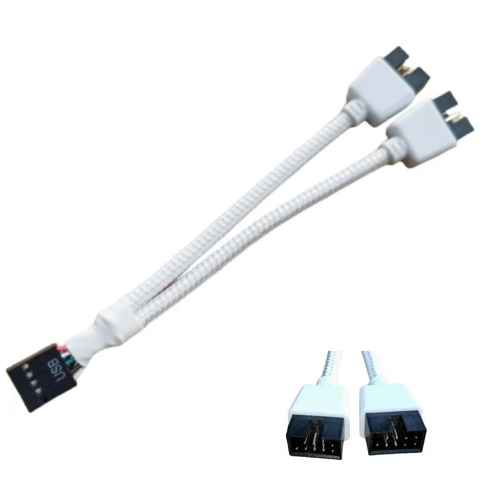 USB 9-Pin to Dual 9-Pin Splitter Cable | PC Motherboard HUB USB Header Splitter HIP White
