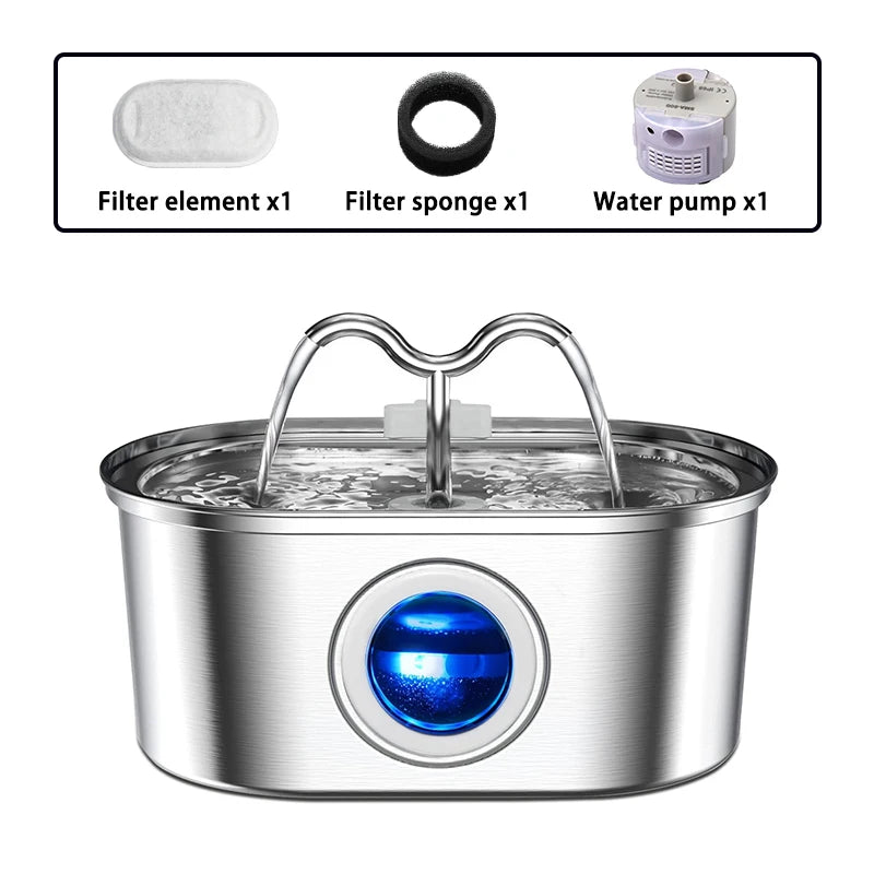 108oz/3.2L Cat Water Stainless Steel Pets Dispenser With LED Light Silent Pump Automatic Fountain For Cat Dog Drinking Bowl HIP 1set-1filter
