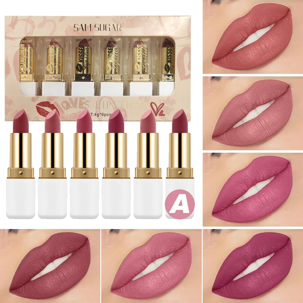 SAM SUGAR 6-Pc Pearlescent Lipstick Set – High Shine & Waterproof Lipstick Set HIP A