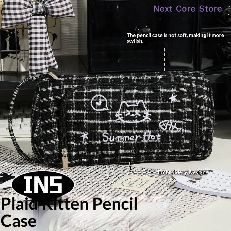 Cute Cat Embroidery Pencil Case – Large Capacity Student Bag Embroidery Pencil Case HIP