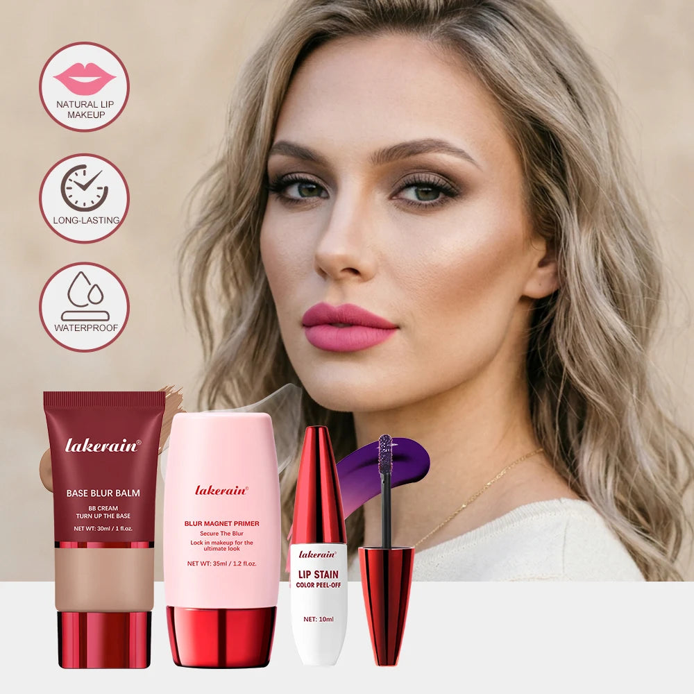 3Pcs Makeup Set Waterproof Primer Foundation And Peel Off Lip Gloss Multi Function Daily Beauty Cosmetic Kit For Women Makeup HIP