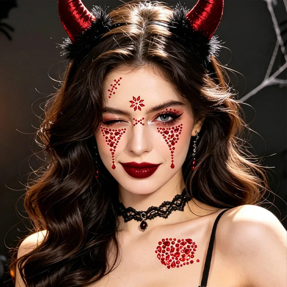 Self‑Adhesive Face Rhinestone Stickers Horror Cosplay Ornament Creative Halloween Red Black Spider Web Cross Scar Gem Decals HIP