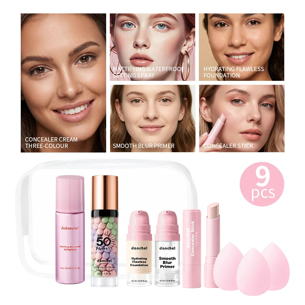 9Pcs Full Face All In One Base Makeup Set Isolation Cream Liquid Foundation Setting Spray Primer 3Pcs Powder Puff Concealer HIP 9pcs
