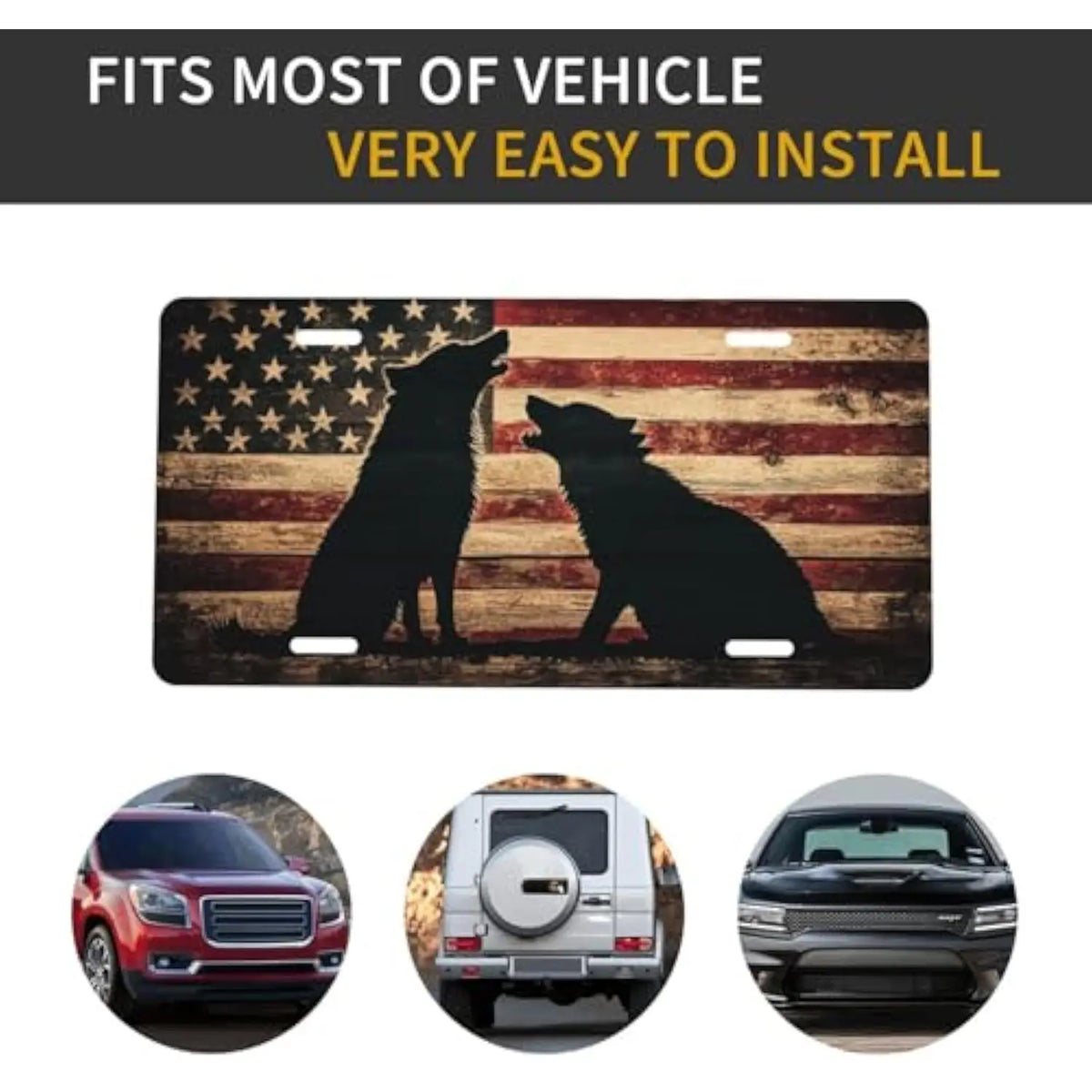 Howling Wolves American Flag Aluminum License Plate – Vintage Wood Decorative License Plate HIP