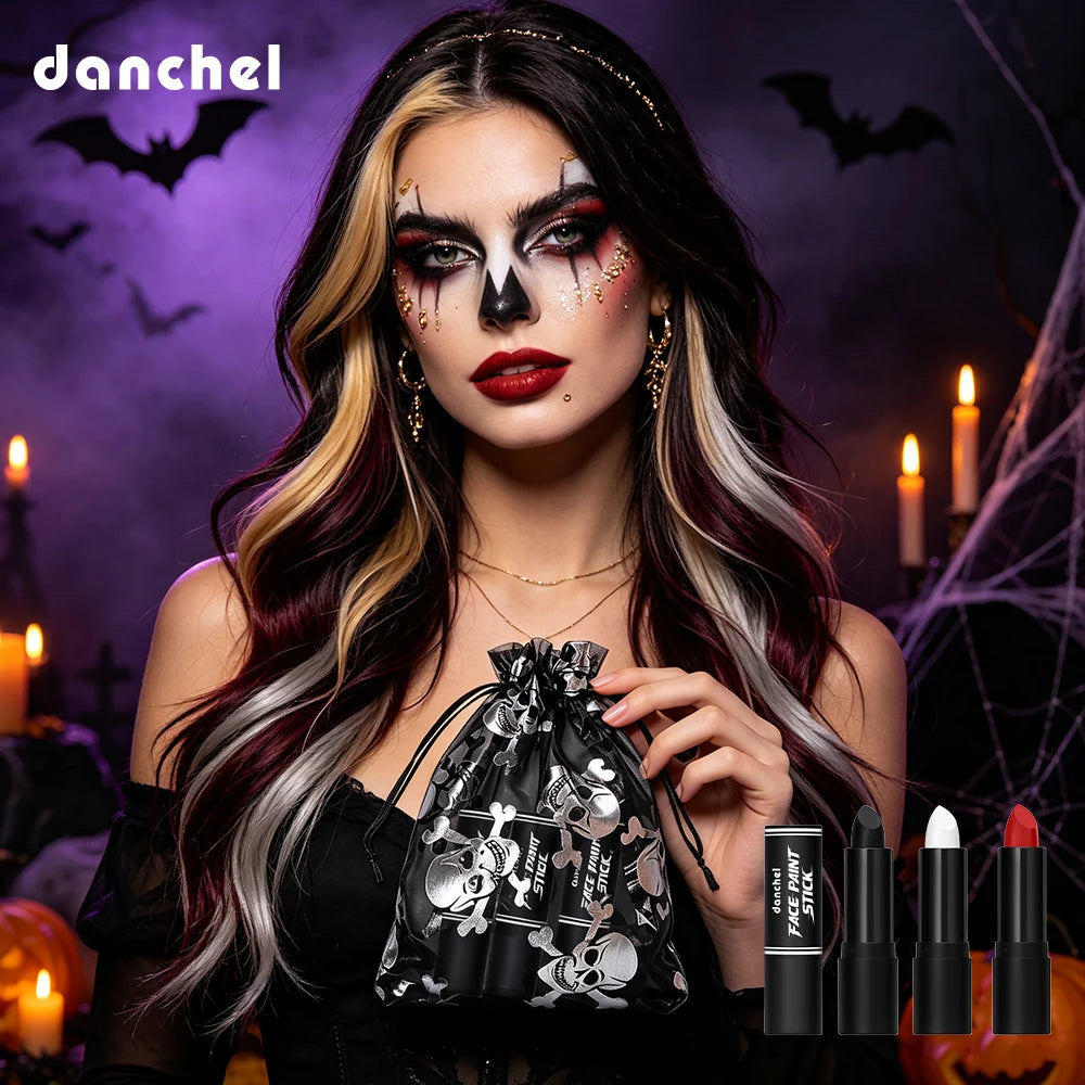 4pcs Halloween Vampire Makeup Set Black White Red Lipstick With Storage Bag Long Lasting Gothic Cosplay Costume Party Makeup HIP
