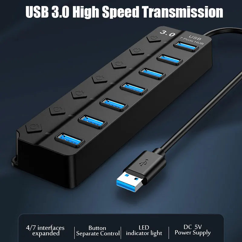 SEamopar 4/7-Port USB Hub 3.0 & 2.0 with On/Off Switches USB Hub Splitter HIP