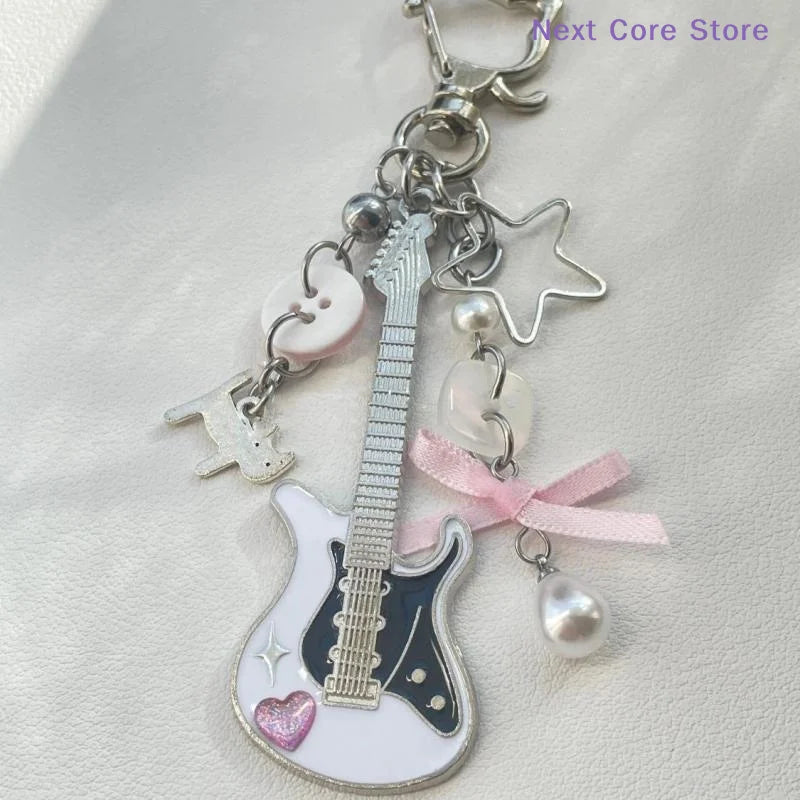 Y2K Guitar Cat Keychain – Rock Punk Pentagram Bow Pendant Fashion Keychain HIP