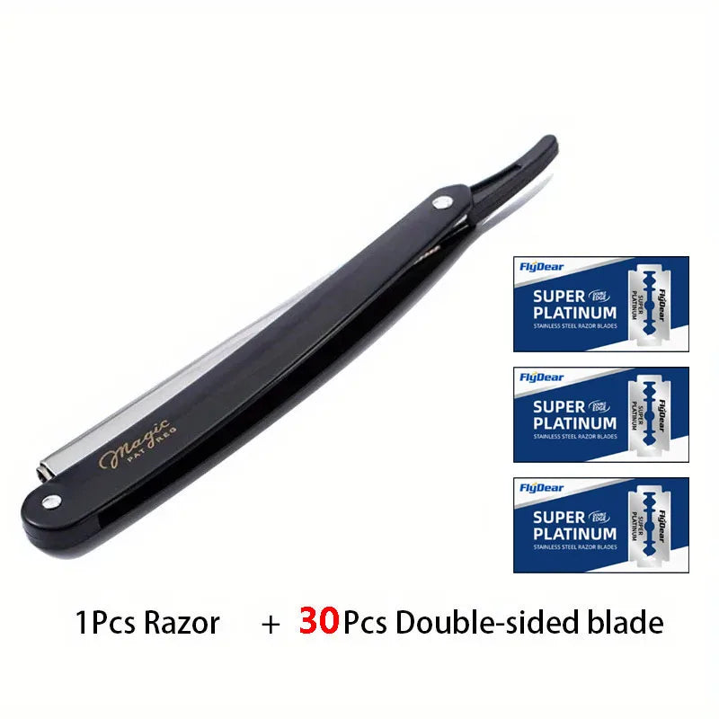 Professional Folding Straight Edge Barber Razor + Blades Straight Edge Razor HIP C633-Black 30 blade