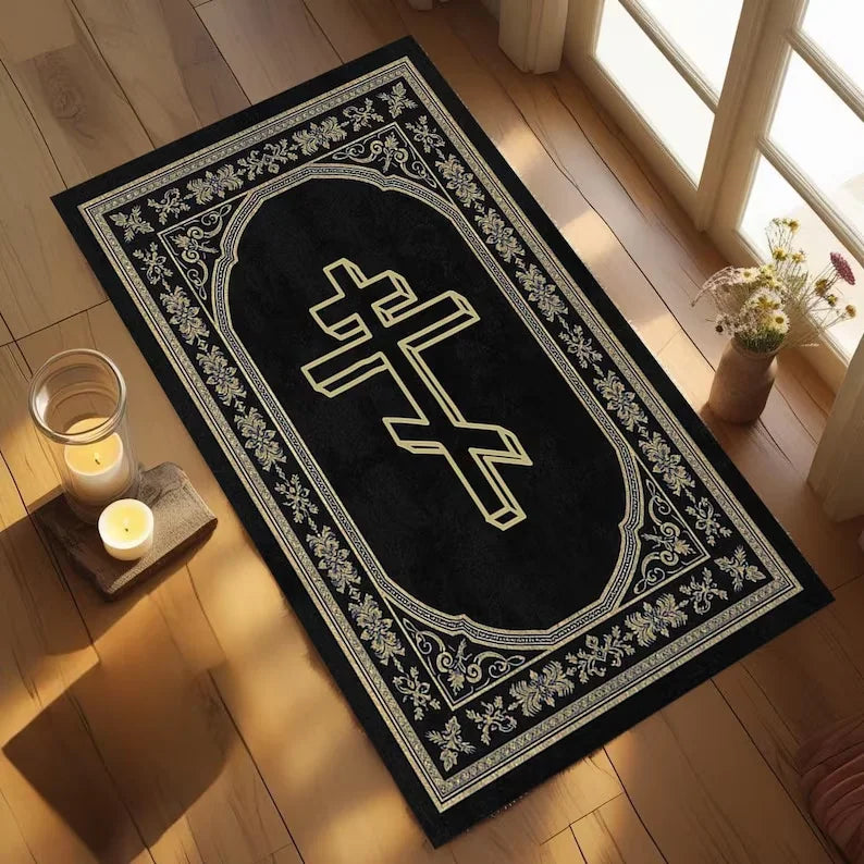 Greek Key Orthodox Cross Area Rug | Christian Prayer Mat Decorative Area Rug HIP 4 50x80cm-Felt