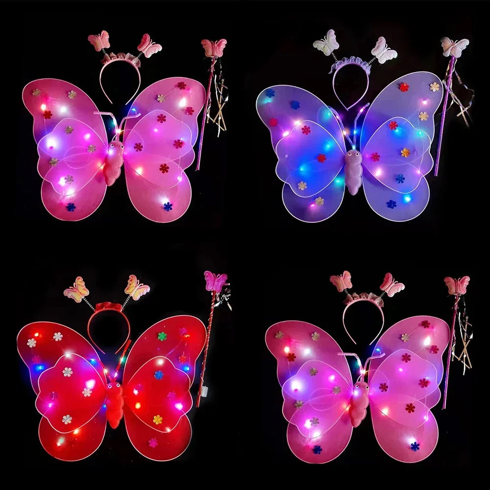 3/4Pcs/Set Double Layers Girls Led Flashing Light Fairy Butterfly Wing Wand Headband Costume Toy Gift Halloween Decoration HIP