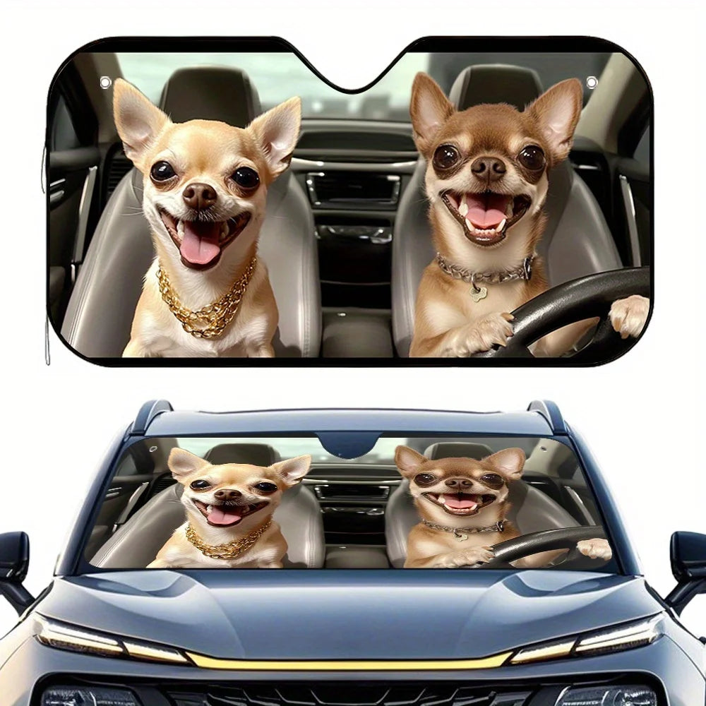 Driving Chihuahua Car Sunshade – Foldable, 4 Suction Cups Car Sunshade HIP M