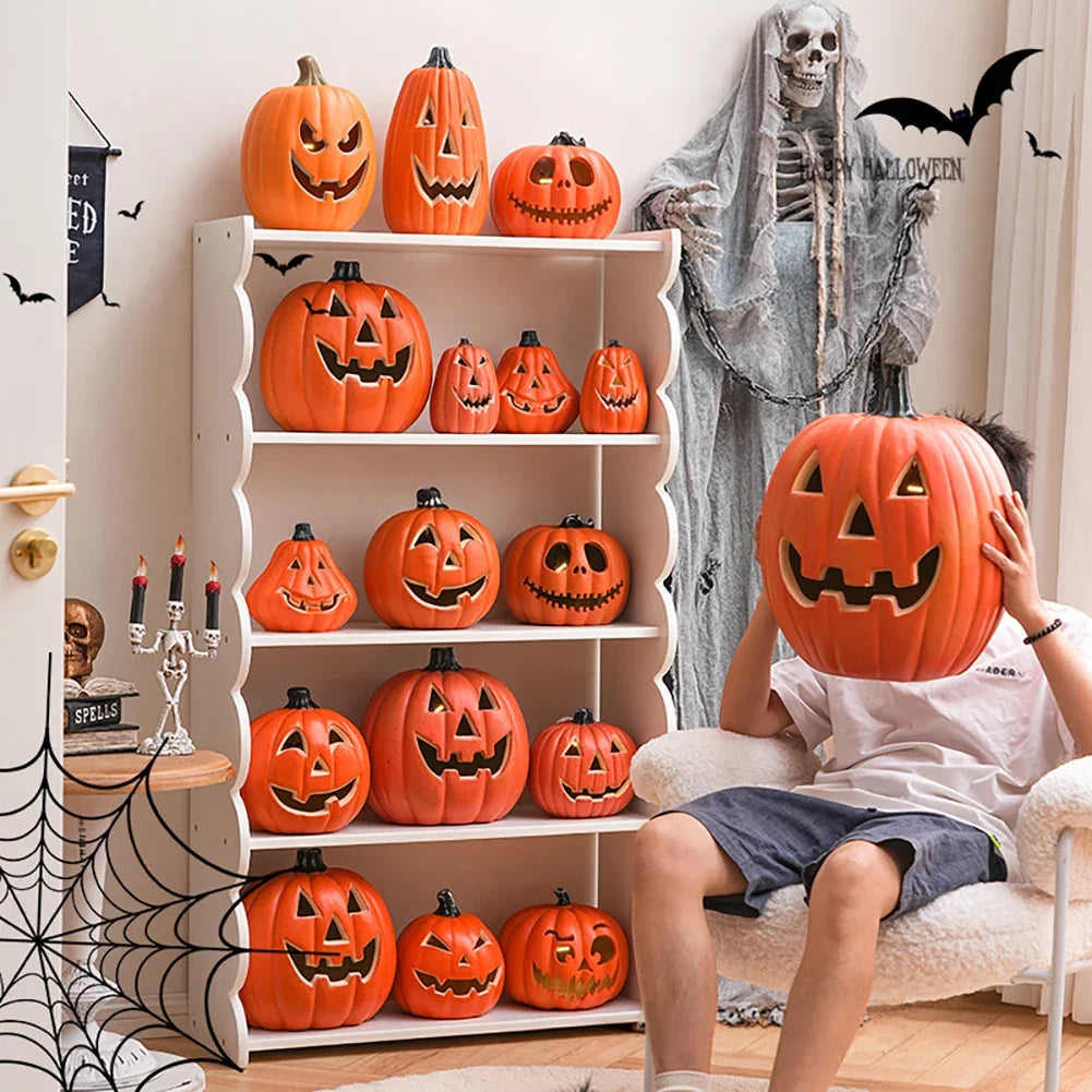Halloween Home Yard Decor Prop Halloween LED Ghost Face Expression Pumpkin Lantern Realistic Artificial Pumpkin Decorative Light HIP