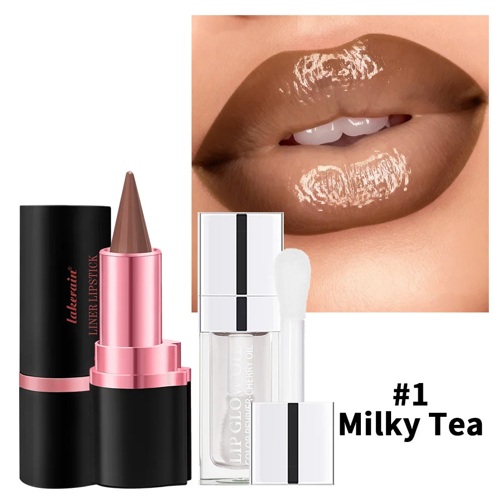 Lip Gloss & Lip Liner Set Long Lasting HydratingLip Gloss Lip Stain Contour for Every Makeup Style Women Lip Cosmetics Kit HIP 1Milky Tea