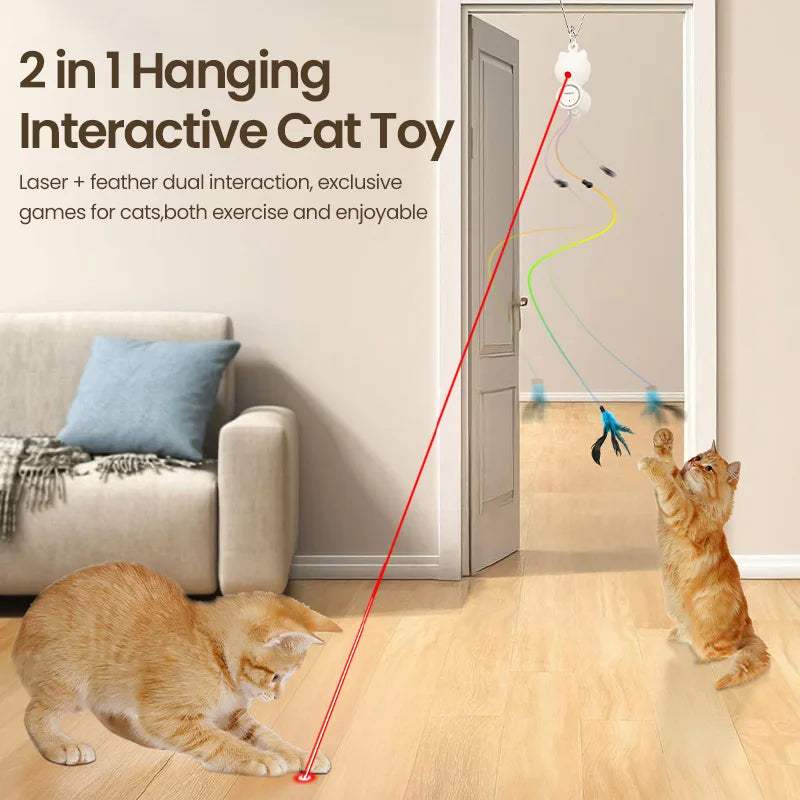 ROJECO Automatic Cat Toys 2 in 1 Cats Laser Toy Retractable Hanging Feather Cat Stick Pet Kitten Self-hey Interactive Fun Toy Ac HIP