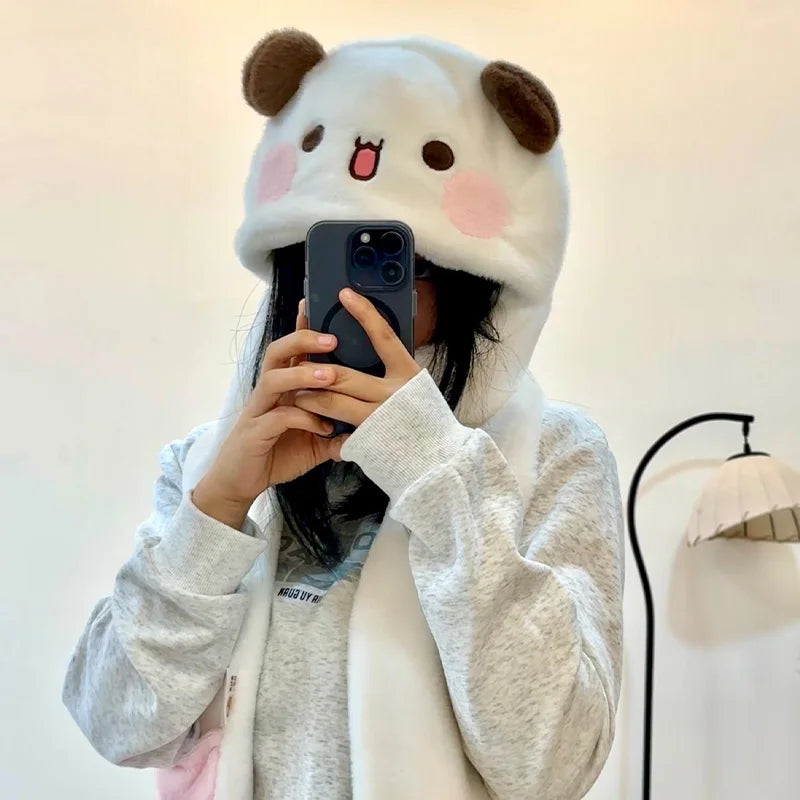 Panda Bubu & Dudu 2-in-1 Hat & Scarf – Warm Cartoon Ear Cap Cartoon Hat Scarf Set HIP