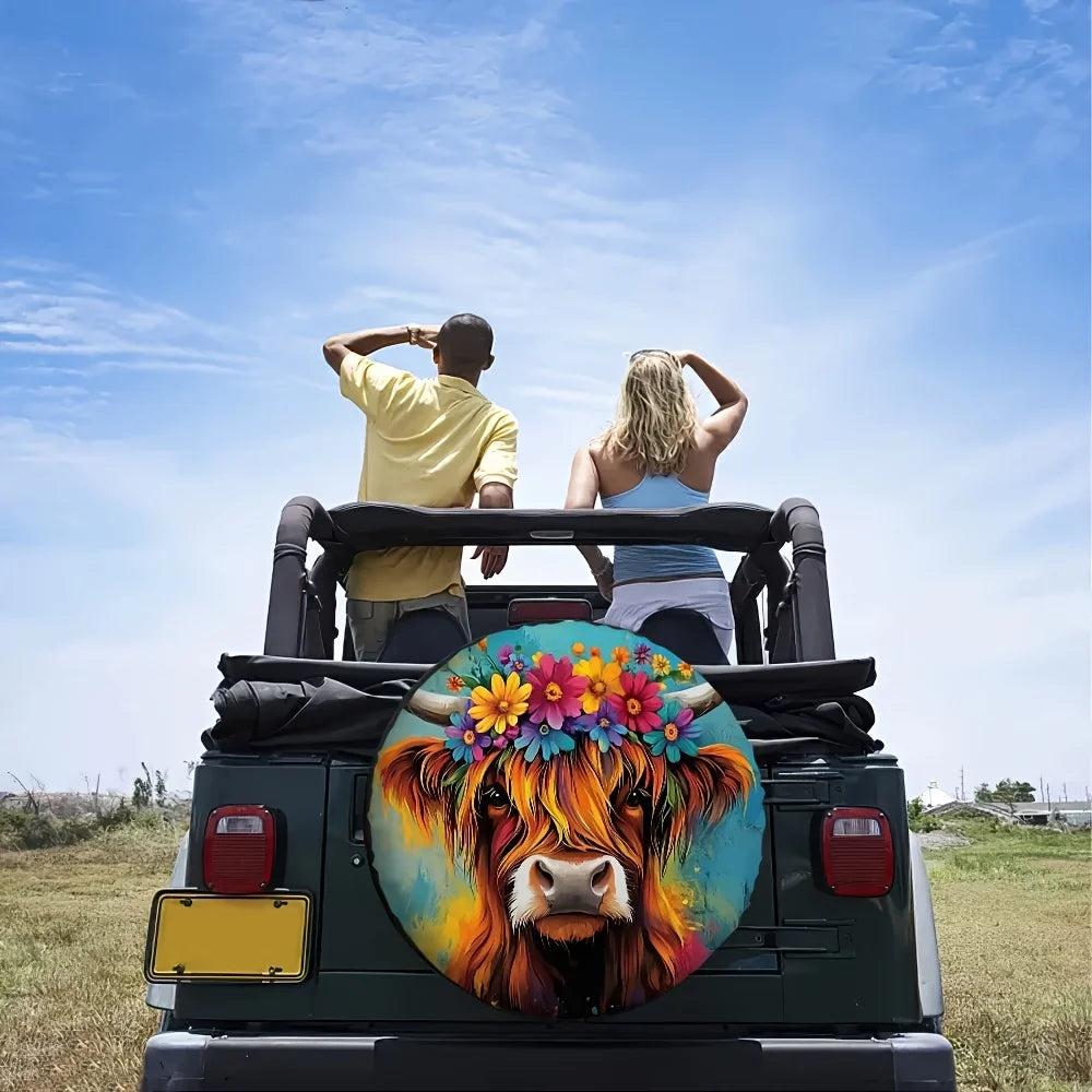 Cow Print Spare Tire Cover – Colorful Floral Bull Design Spare Tire Cover HIP