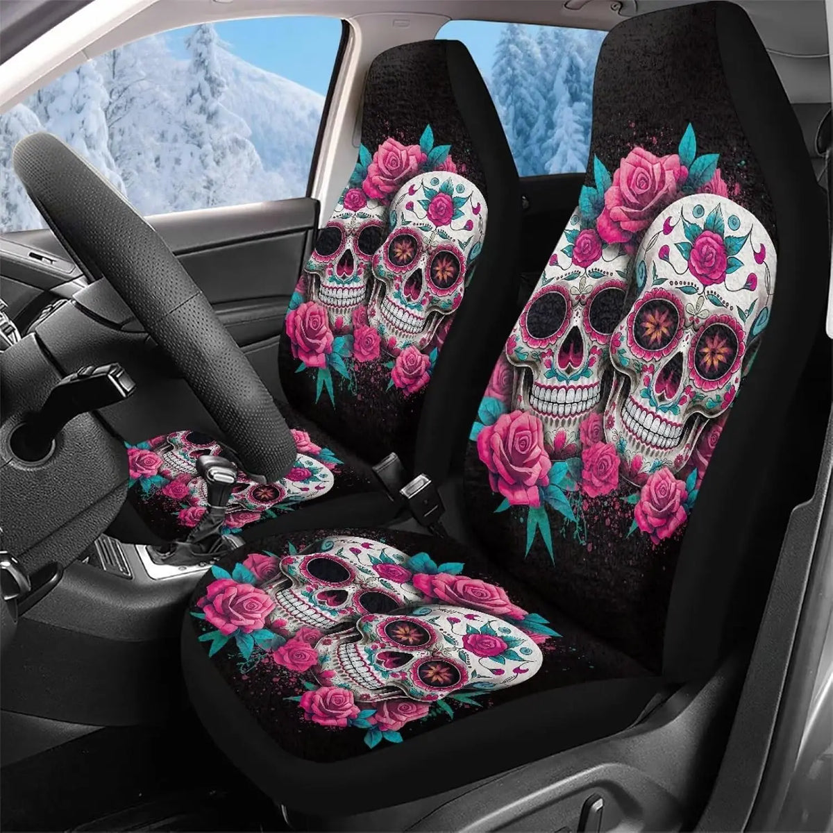 Sugar Skull Flower Fluffy Car Seat Covers – Universal Fit Car Seat Covers HIP