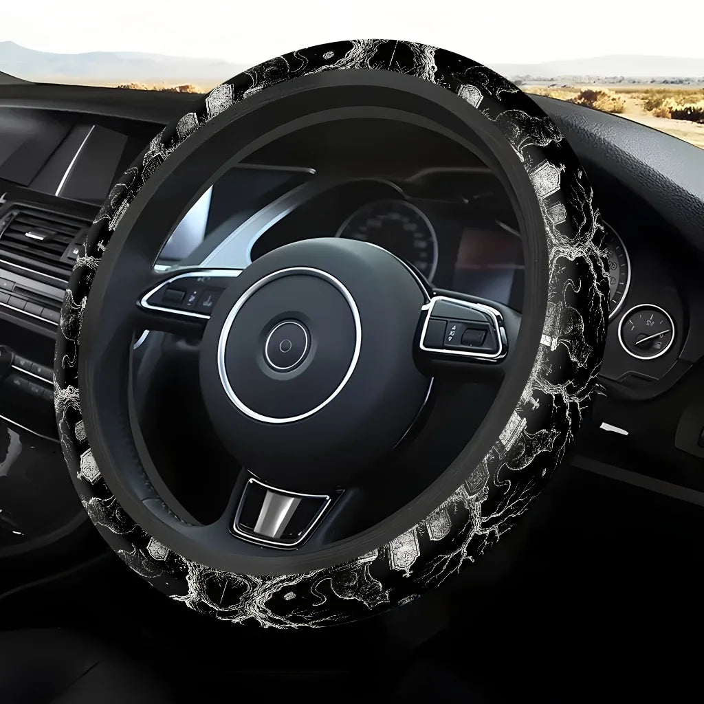 Black Cat Skull Gothic Steering Wheel Cover | Soft Grip Steering Wheel Cover HIP