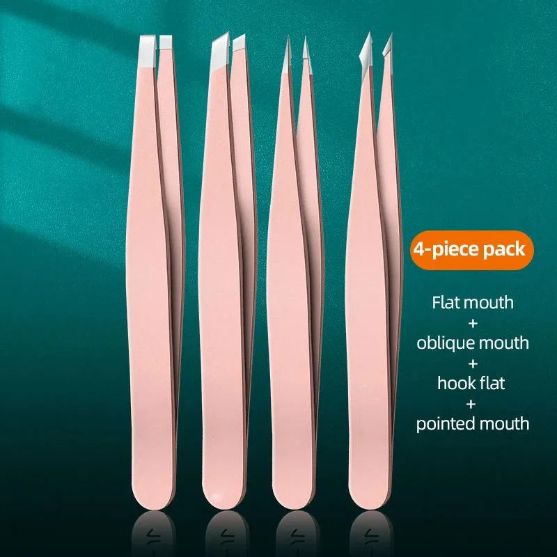 4-Piece Precision Stainless Steel Tweezers – Eyebrow & Facial Precision Tweezers Set HIP C518-pink 4pcs