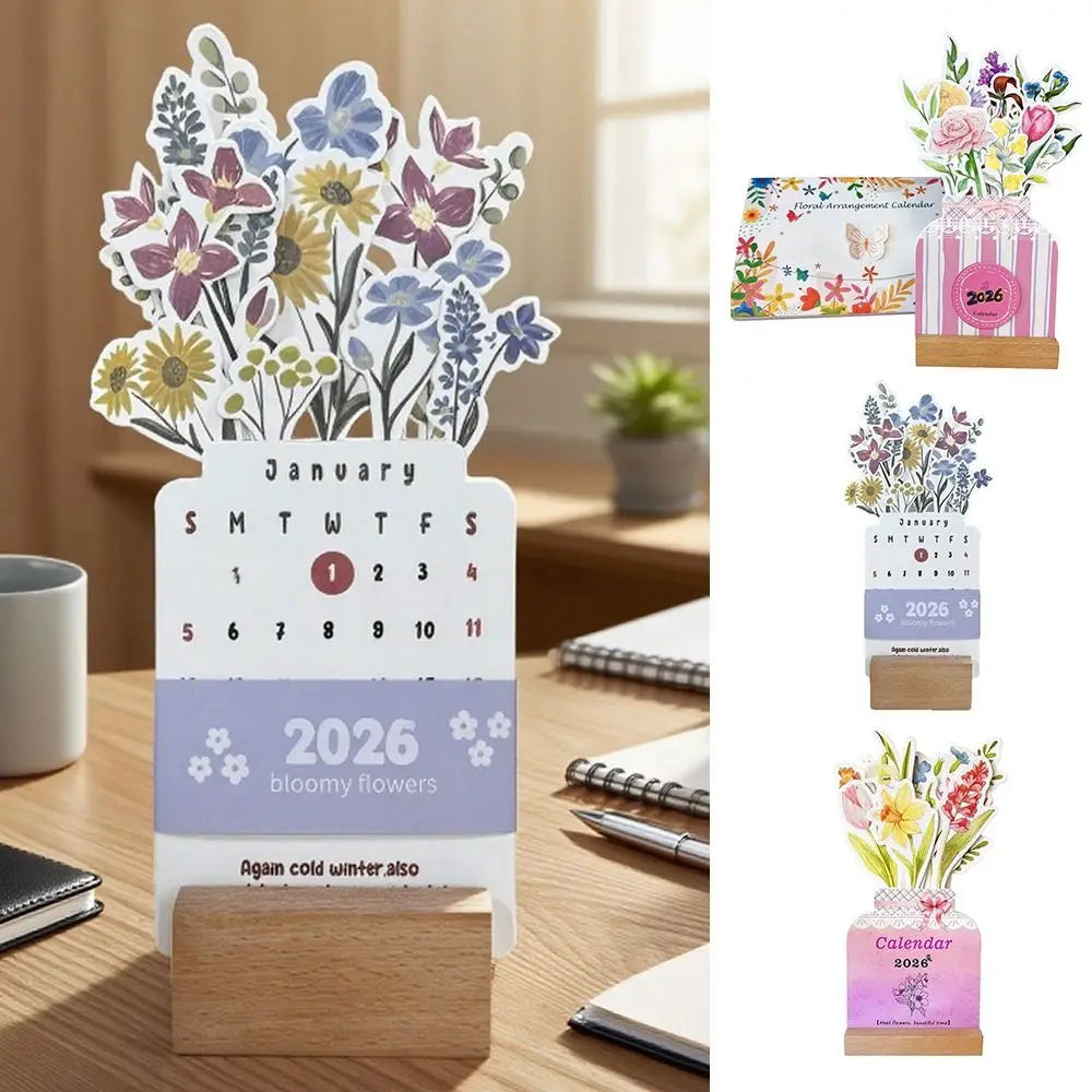 2026 Floral Vase Desk Calendar – Wooden Base Monthly Planner Desk Calendar HIP